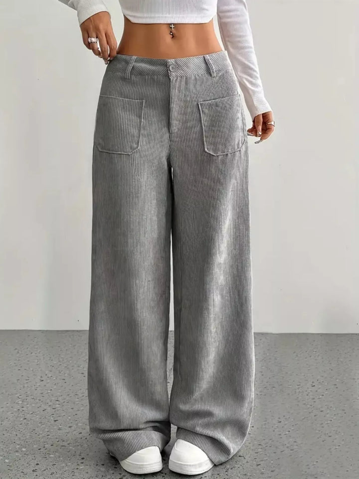 Grey Wide-leg corduroy pants with front patch pockets