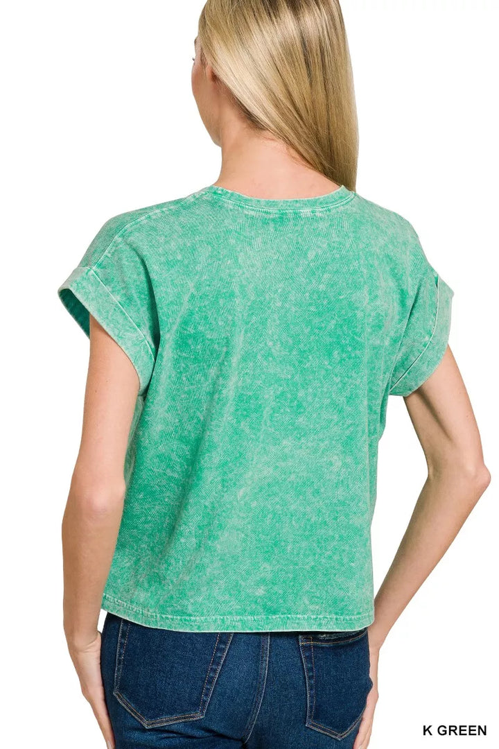 Washed cotton cuffed short sleeve crew neck top
