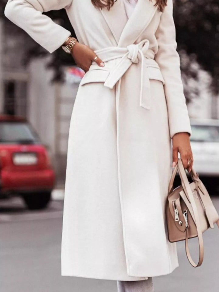 Tie-waist longline coat with notched lapels and pockets
