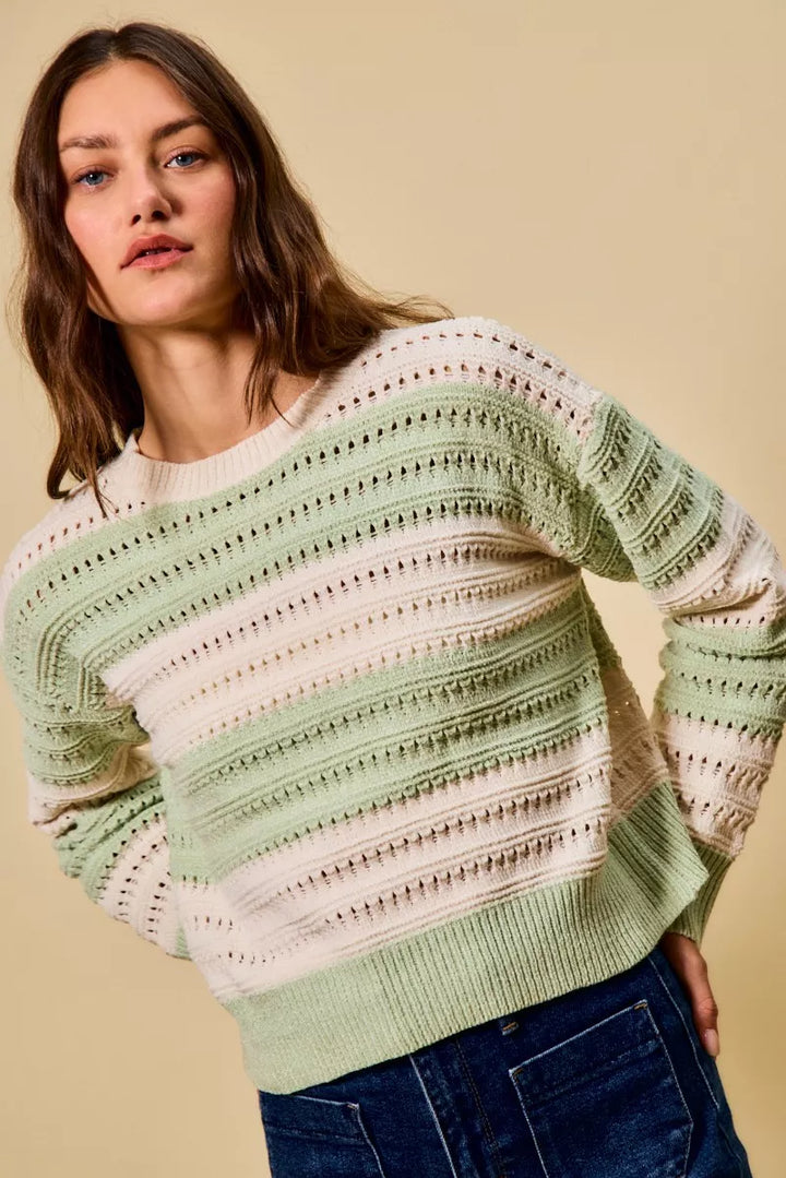 Openwork wide-stripe crew neck knit sweater
