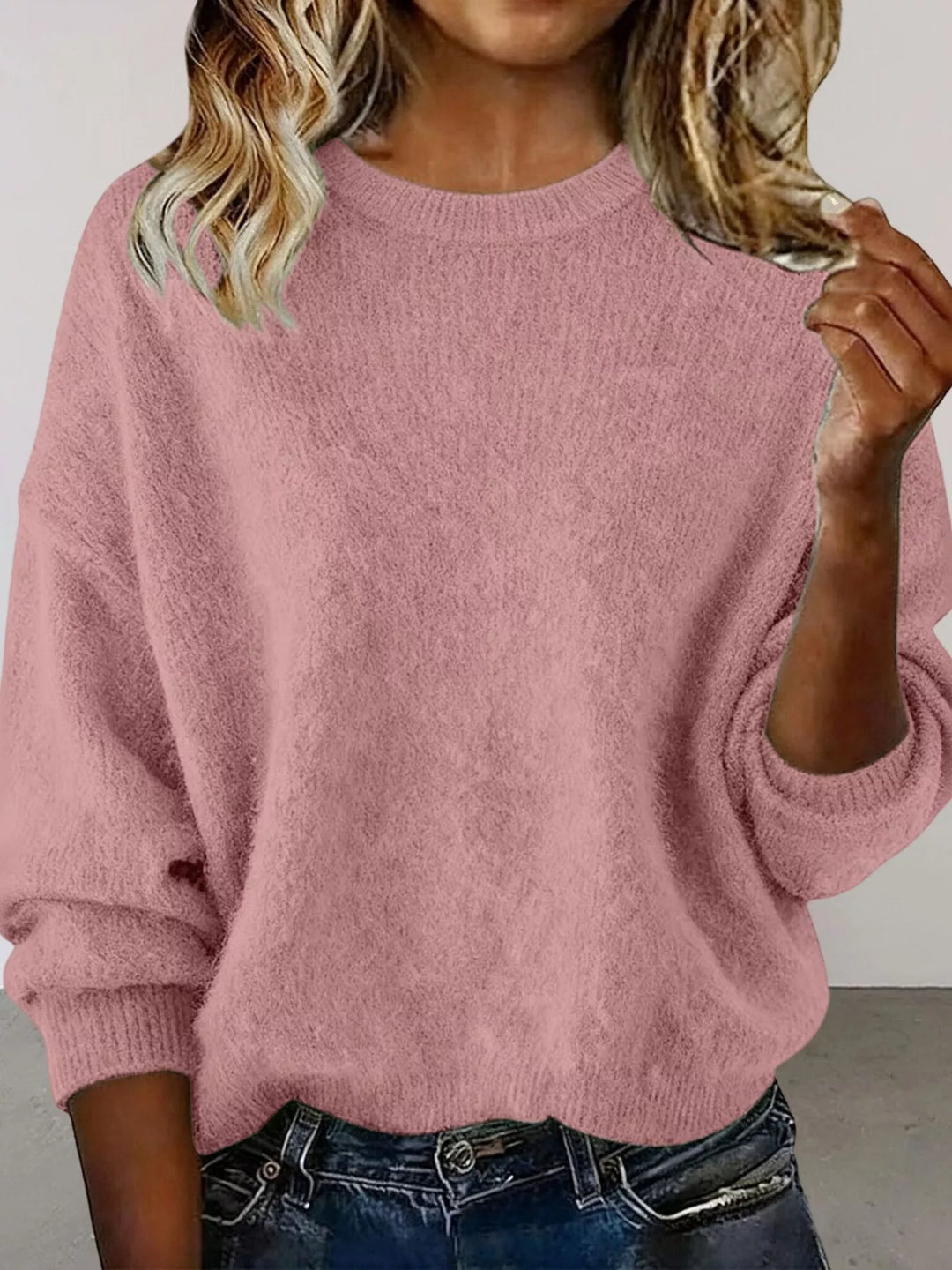 Pink Dropped-shoulder crew neck knit sweater with ribbed trim