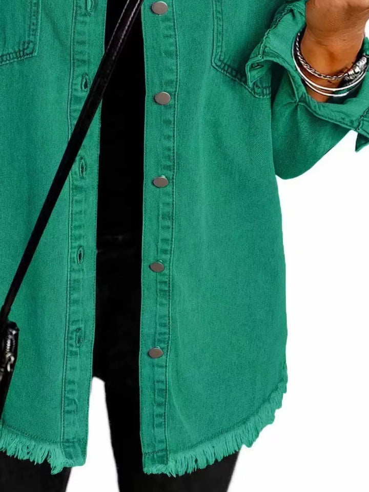 Frayed raw hem button-up denim jacket with flap pockets