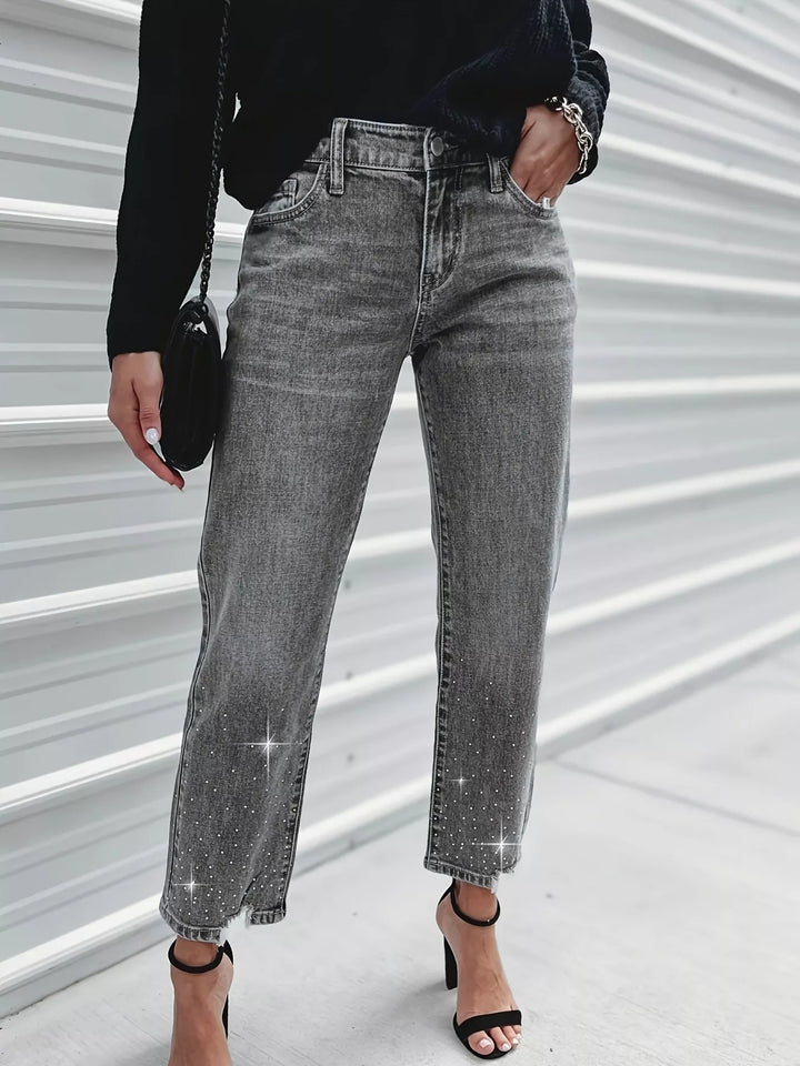 Dark Gray Rhinestone-embellished cropped straight jeans with raw hem