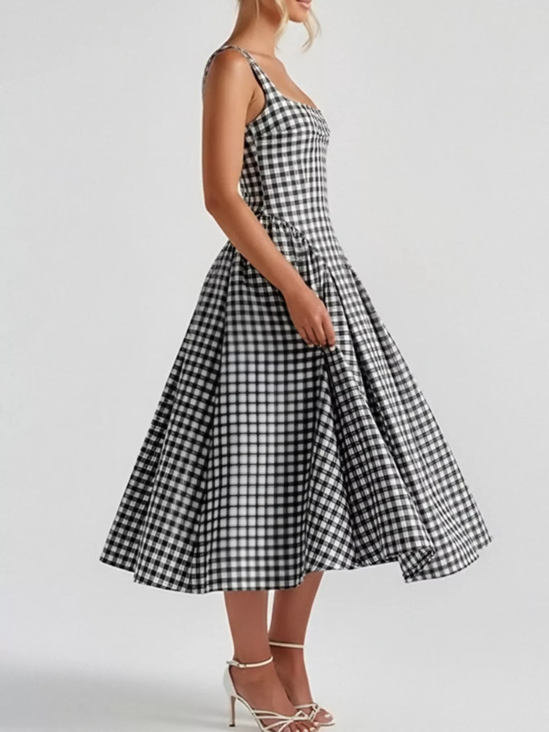 Plaid square-neck sleeveless fit-and-flare midi dress