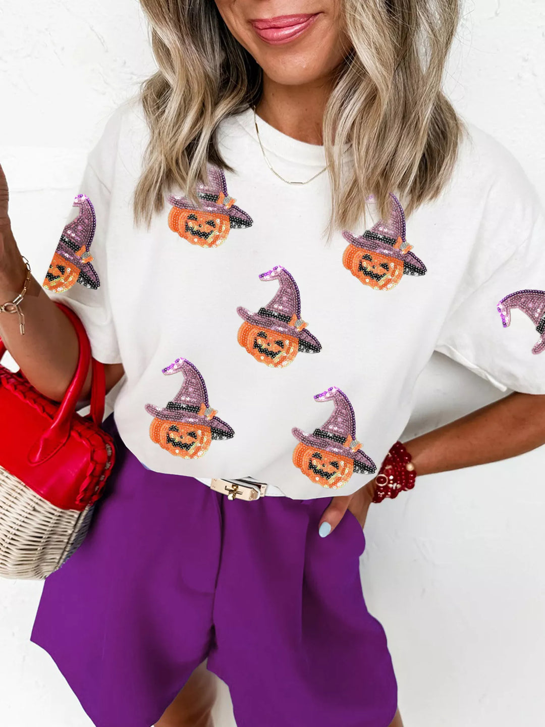 White Sequin witch hat pumpkin patch short sleeve crew neck tee