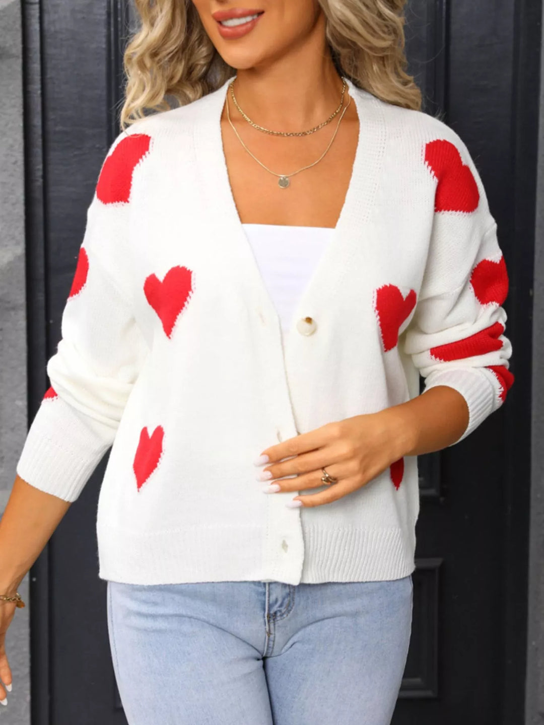 Heart pattern V-neck button-up knit cardigan