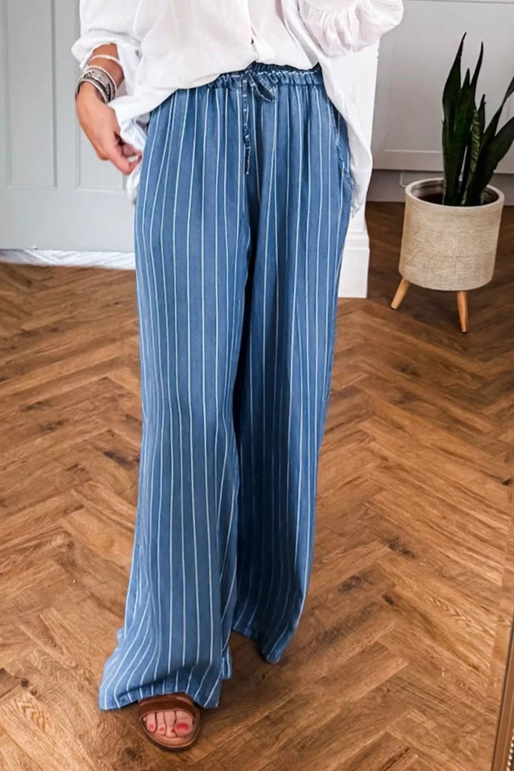 Striped chambray wide-leg pants with drawstring waist