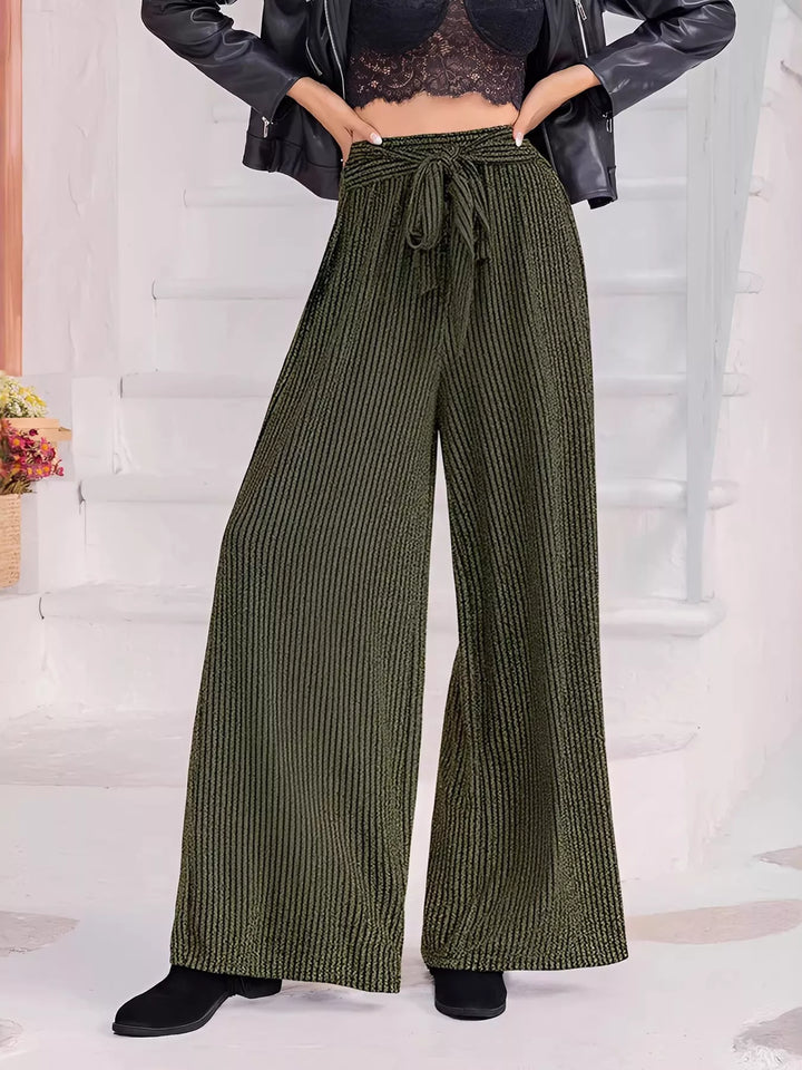 Striped wide-leg pants with drawstring tie waist
