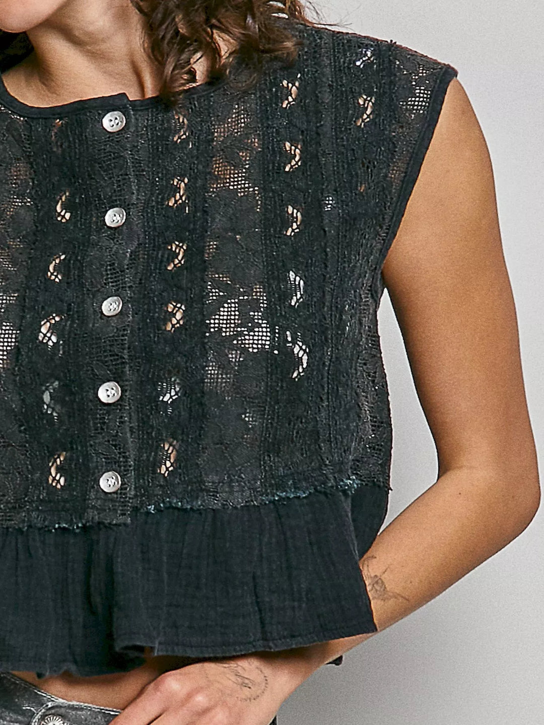 Lace button-front crop top with gauze ruffle hem