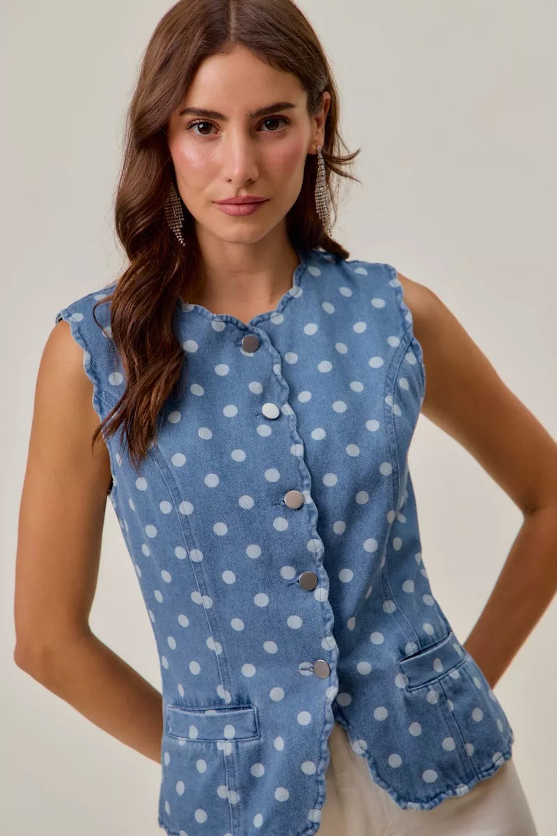 Polka dot denim button-down vest with scallop edge trim