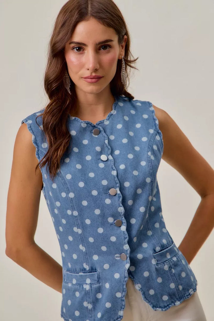 Polka dot denim button-down vest with scallop edge trim