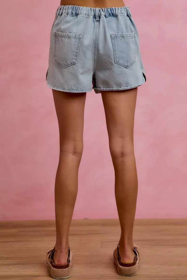 Wrap-front washed denim skort with pockets