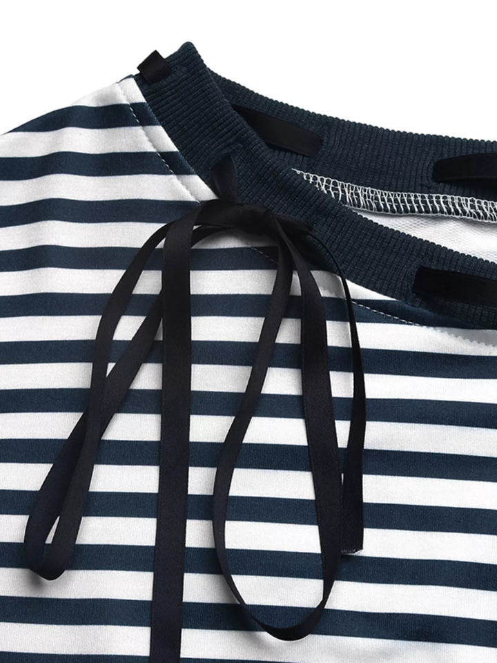 Striped off-shoulder sweatshirt with ribbon tie