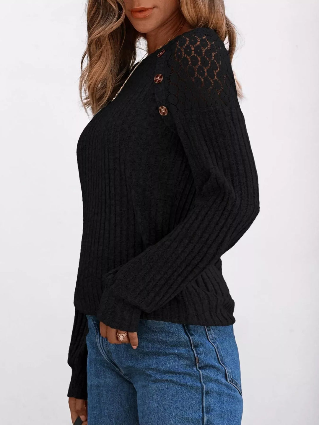 Ribbed knit long sleeve top with lace shoulder detail