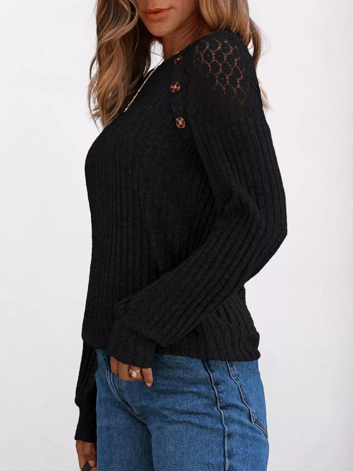 Ribbed knit long sleeve top with lace shoulder detail