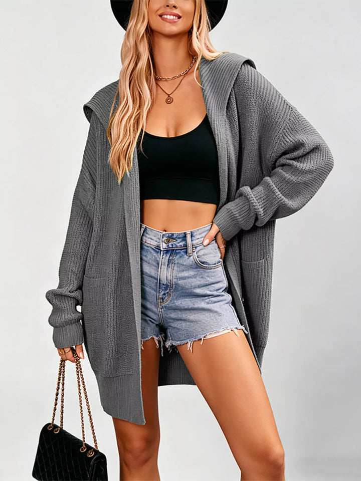 Hooded longline button-front knit cardigan with pockets