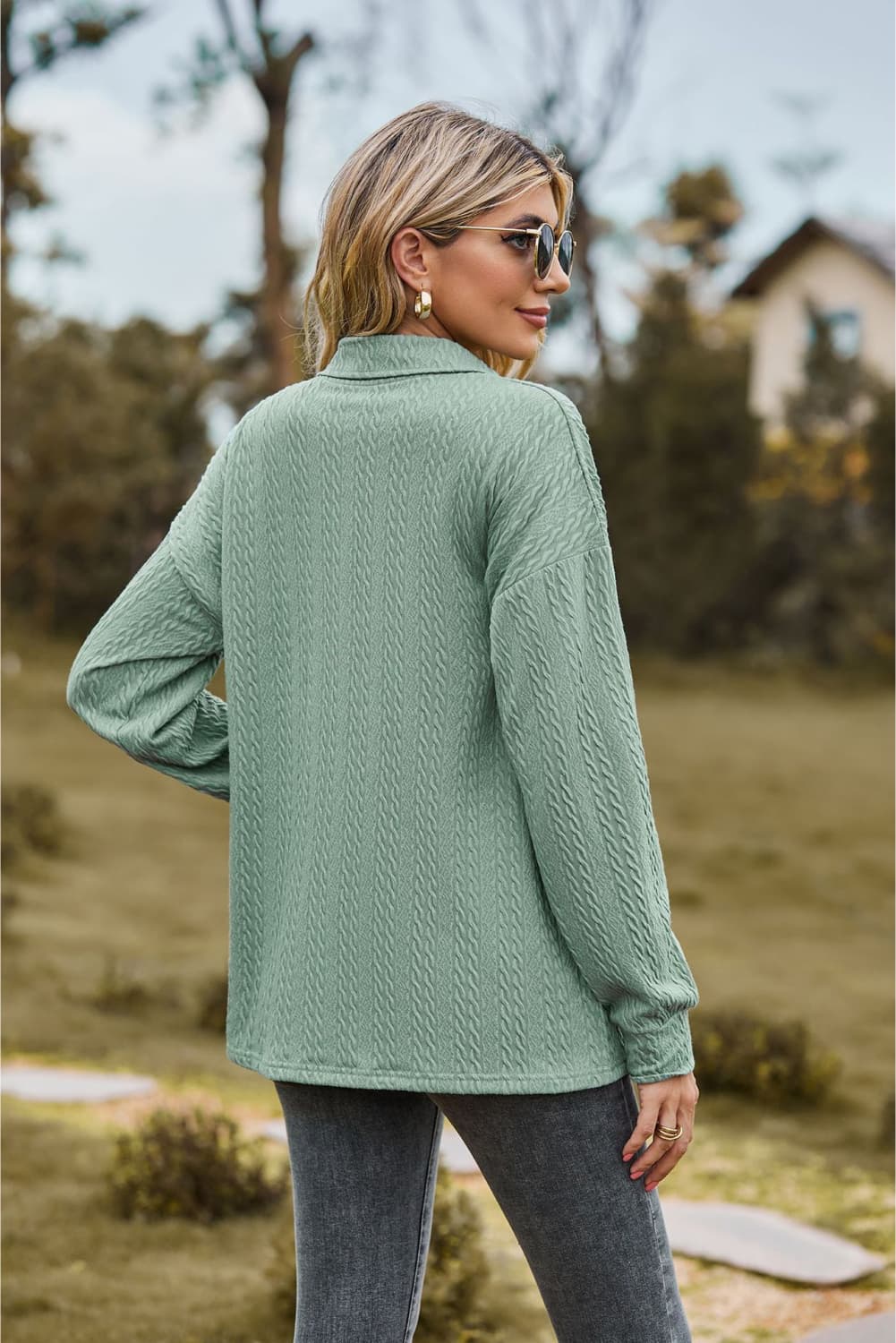 Textured knit collared top with half-button placket
