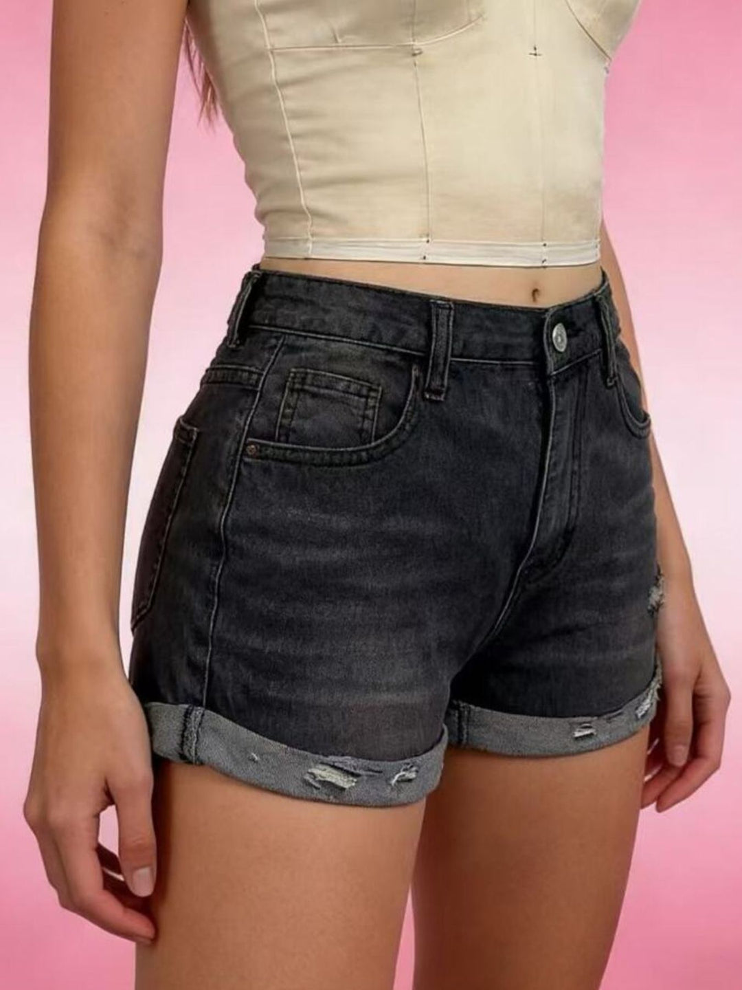 Distressed roll-up denim shorts with cuffed hem