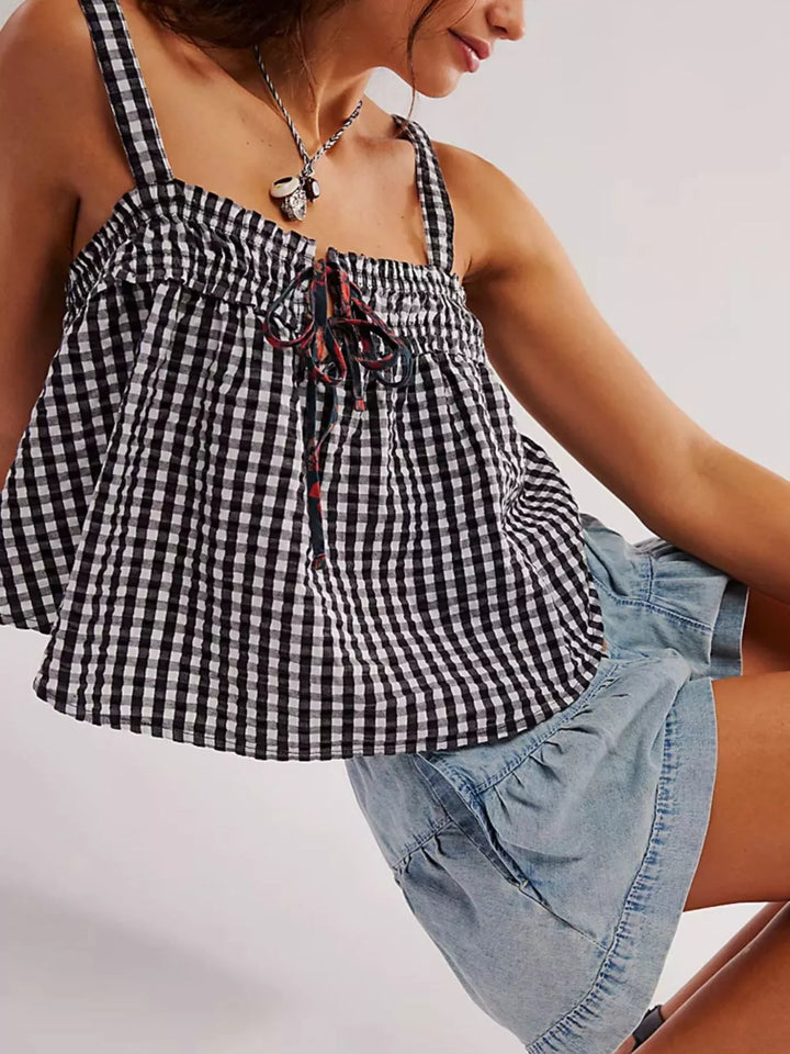 Smocked gingham tie-front cami with adjustable straps