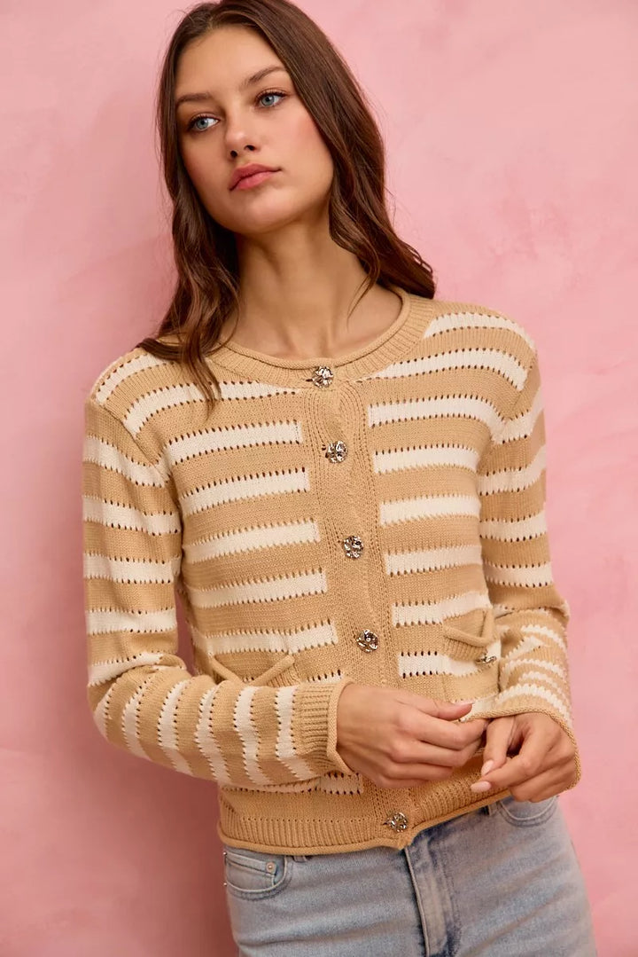 Striped openwork knit cardigan with jeweled buttons