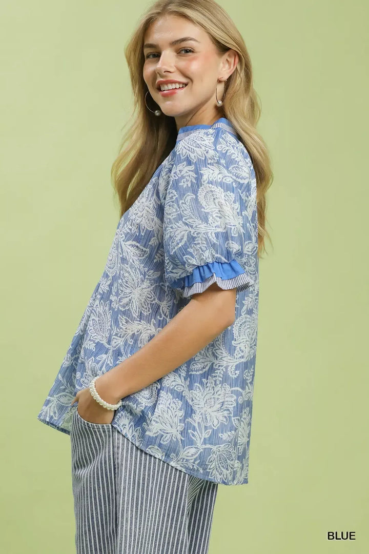 Floral print puff sleeve top with striped contrast trim