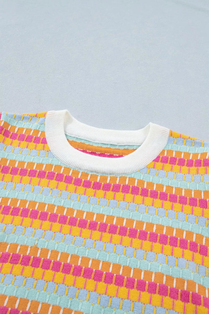 Abstract stripe ribbed knit short sleeve sweater