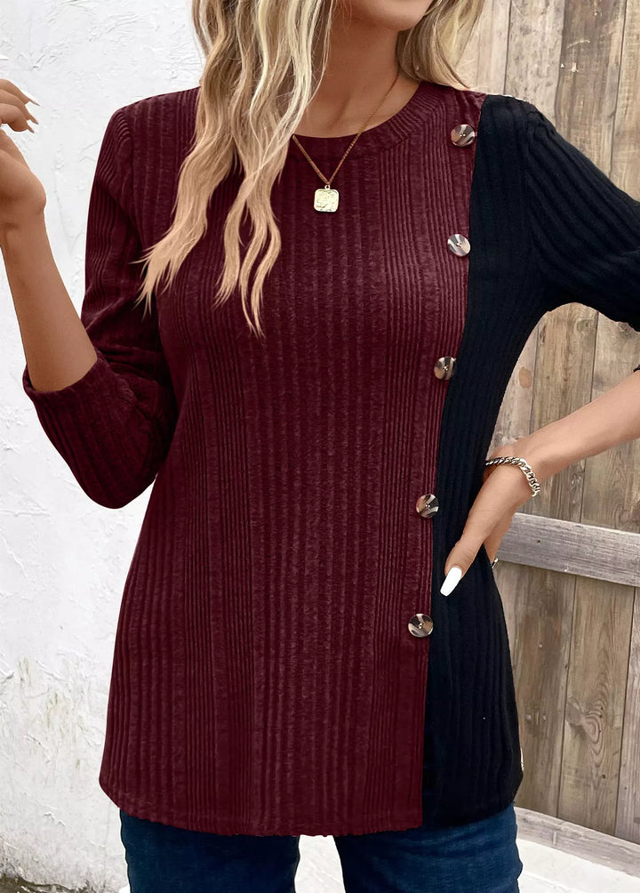 Color block ribbed knit long sleeve button top