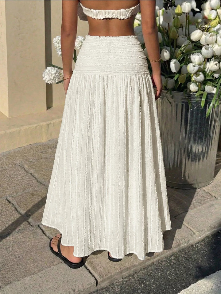 Ruched textured smocked-waist A-line midi skirt