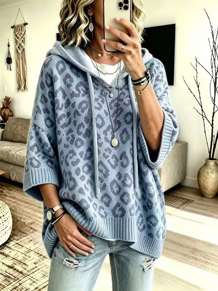 Dusty Blue Leopard print drawstring hooded sweater with dolman sleeves