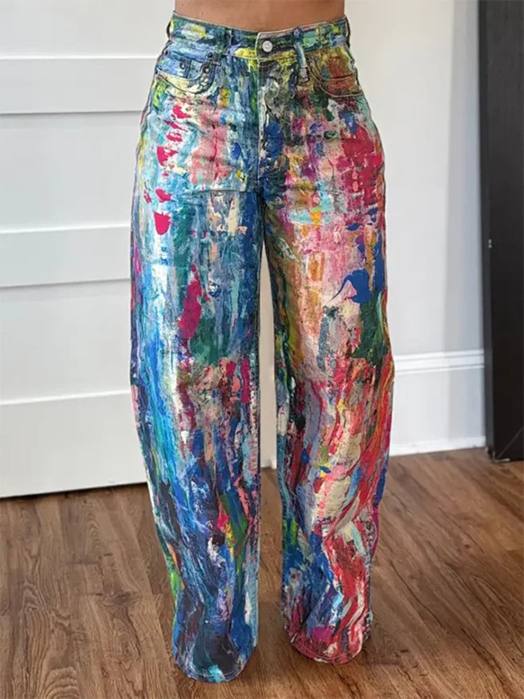 Cerulean Paint-splatter print high-rise wide-leg pants