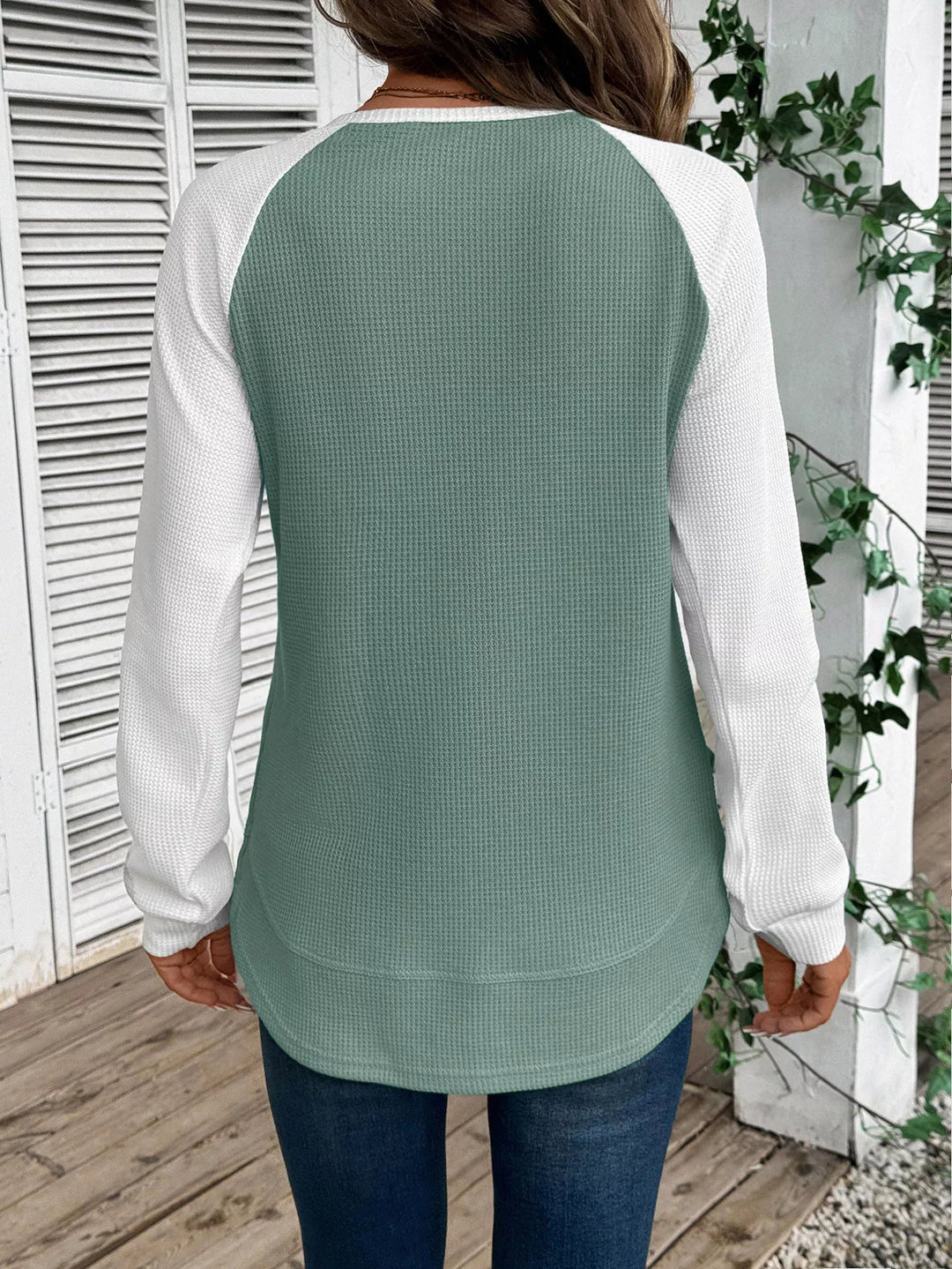 Contrast raglan waffle knit long sleeve top