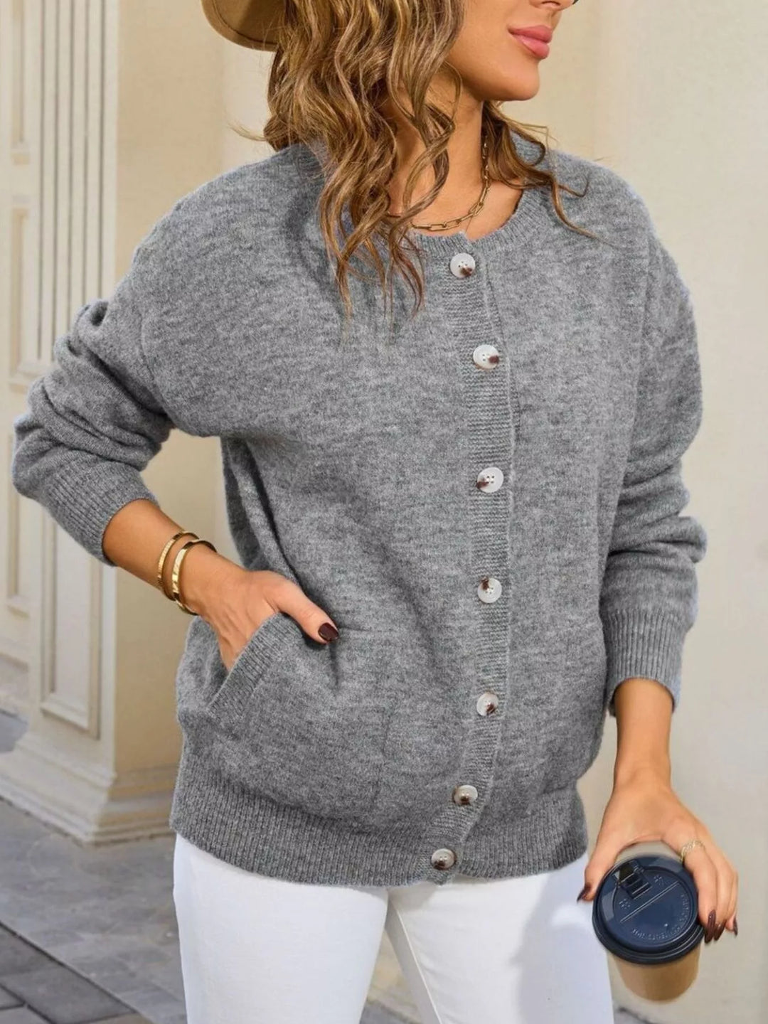 Button-down knit cardigan with front pockets and ribbed trim