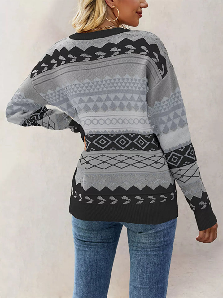 Geometric drop shoulder knit sweater with ribbed cuffs