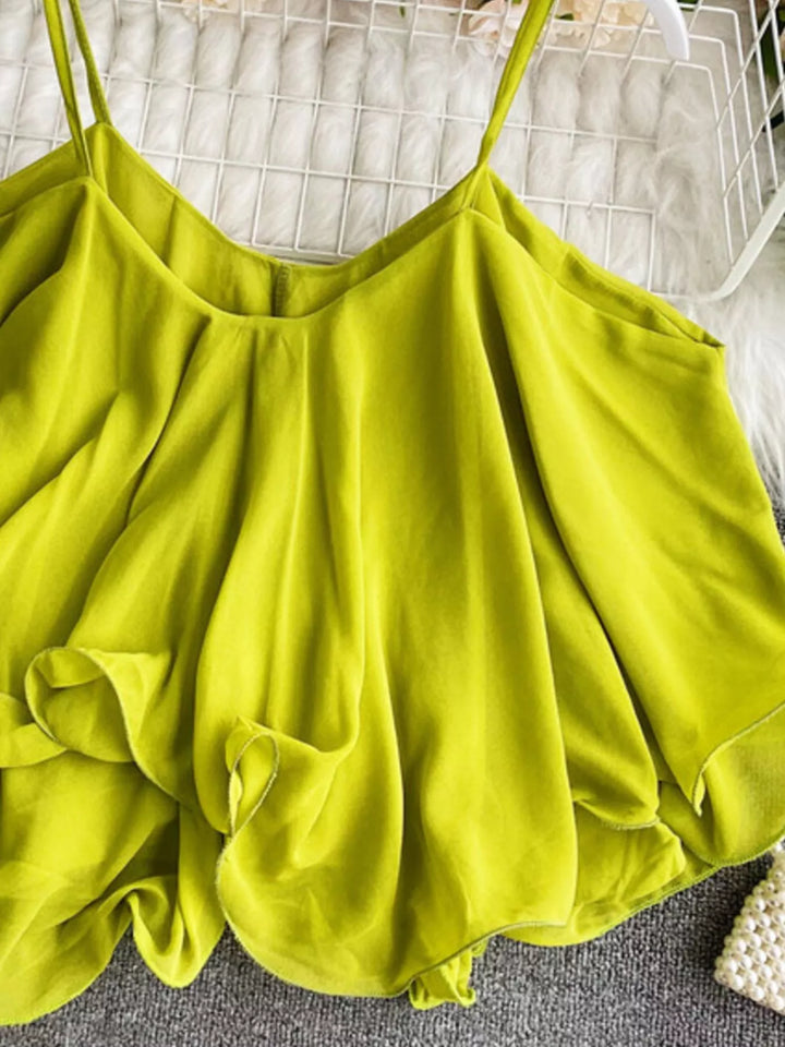 Flowy chiffon cami with ruffled hem and V-neck