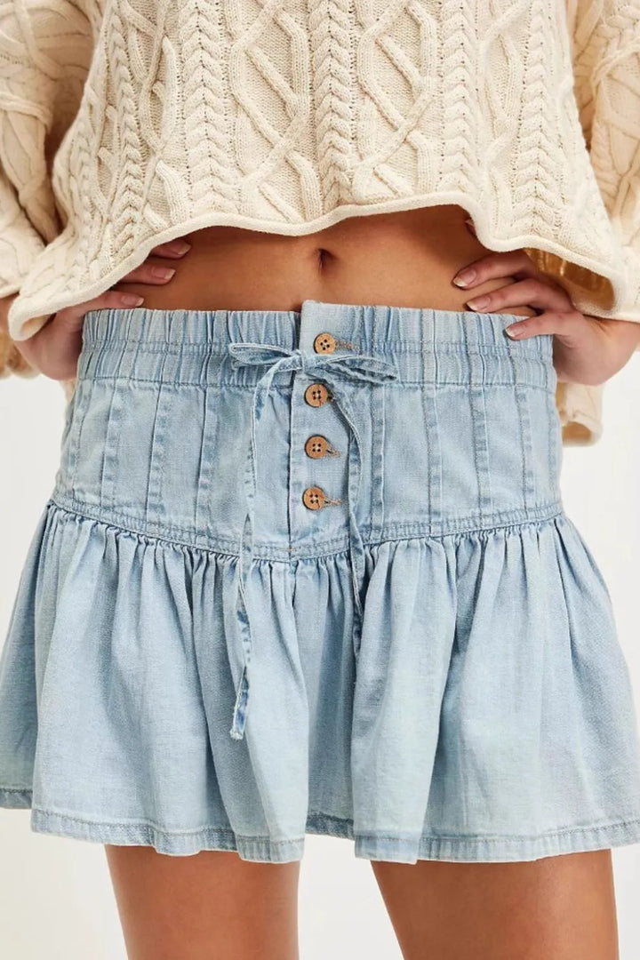 Button-front ruffled mini denim skirt with drawstring waist