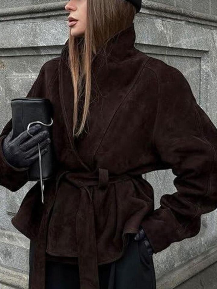 Tie-waist faux suede wrap jacket with peplum hem