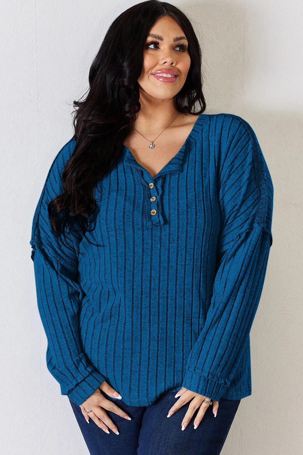 Ribbed knit half-button henley long sleeve top