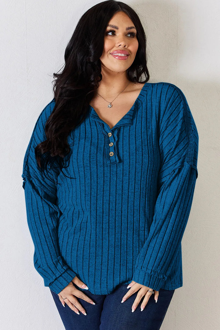 Ribbed knit half-button henley long sleeve top