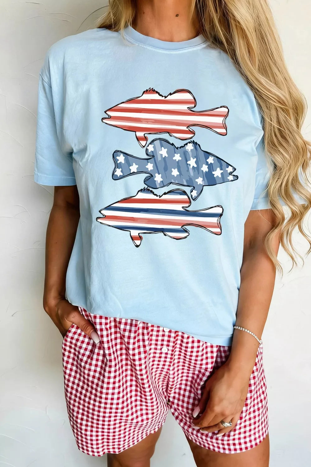 Pastel  Blue Patriotic fish graphic short sleeve crew neck tee