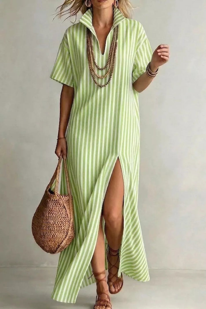 Lime Striped collared maxi dress with high front slit