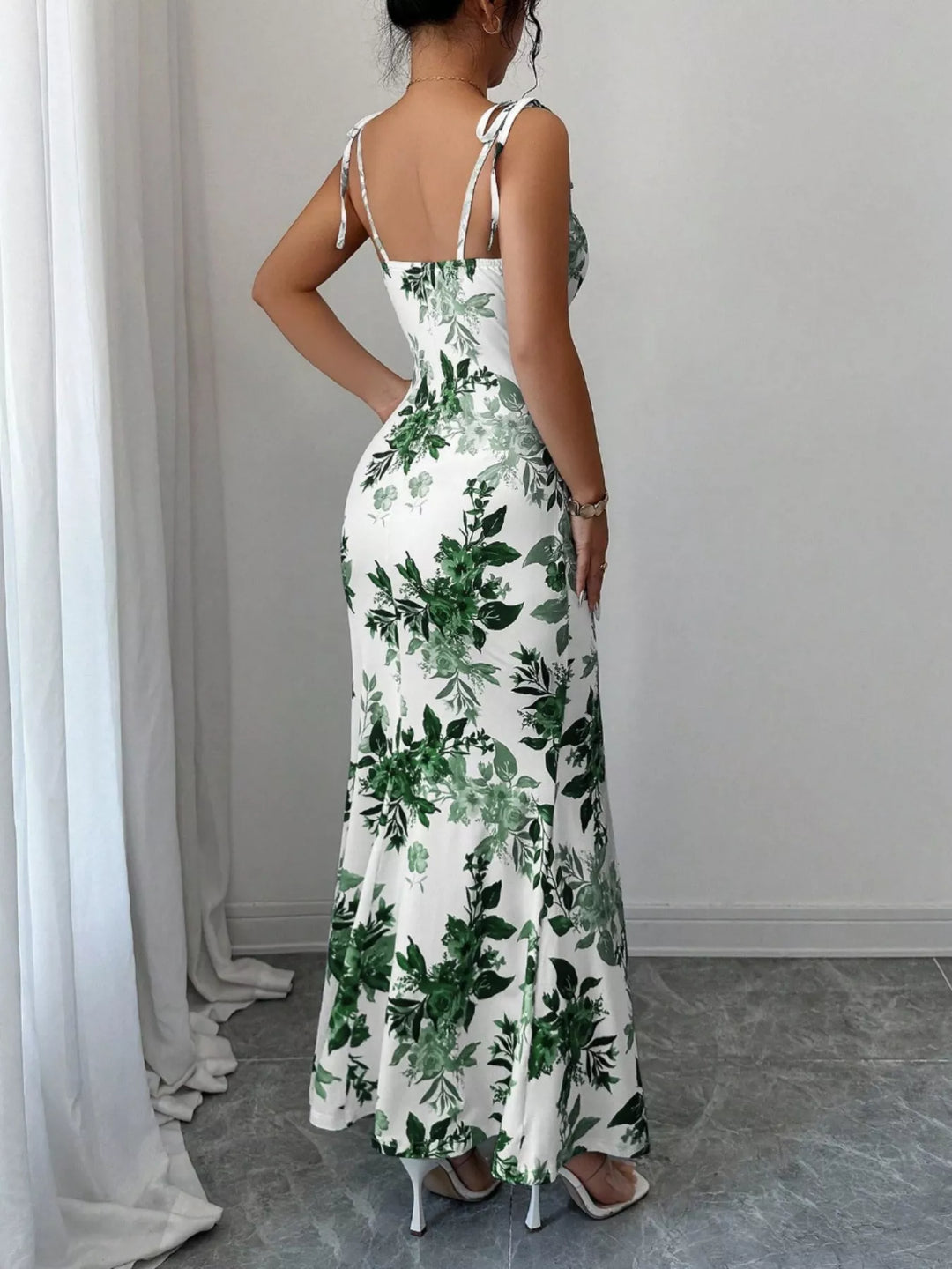 Floral print tie-strap maxi dress with side slit