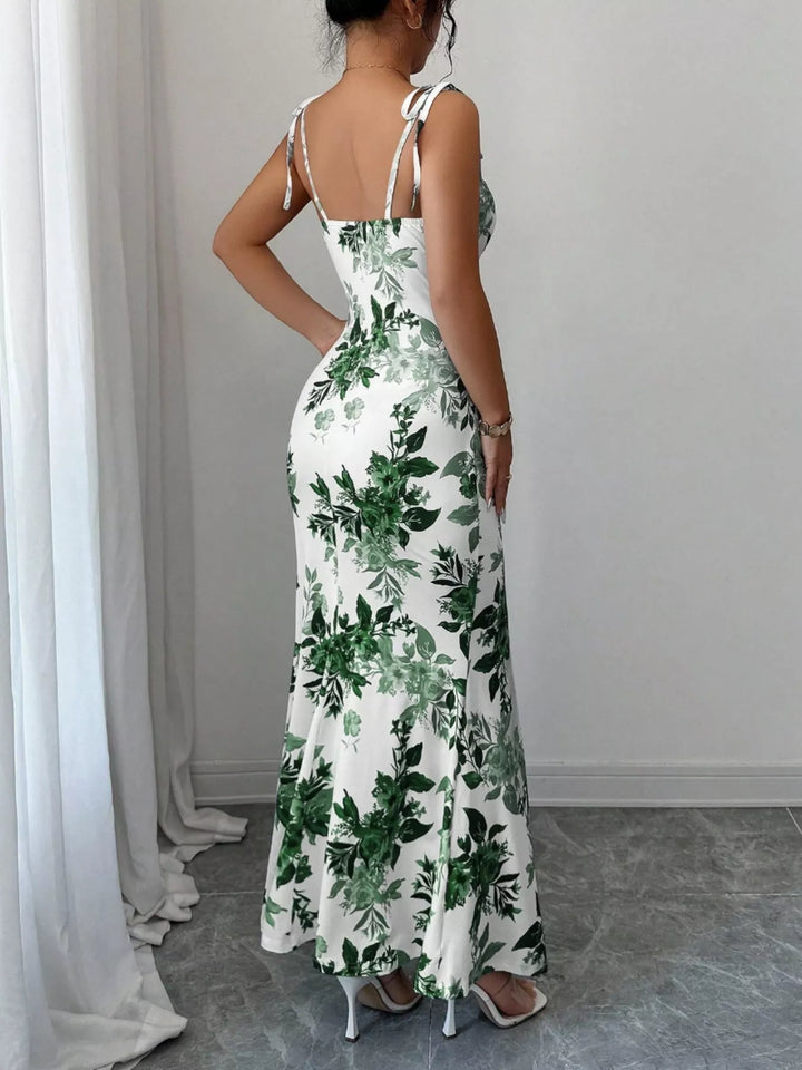 Floral print tie-strap maxi dress with side slit