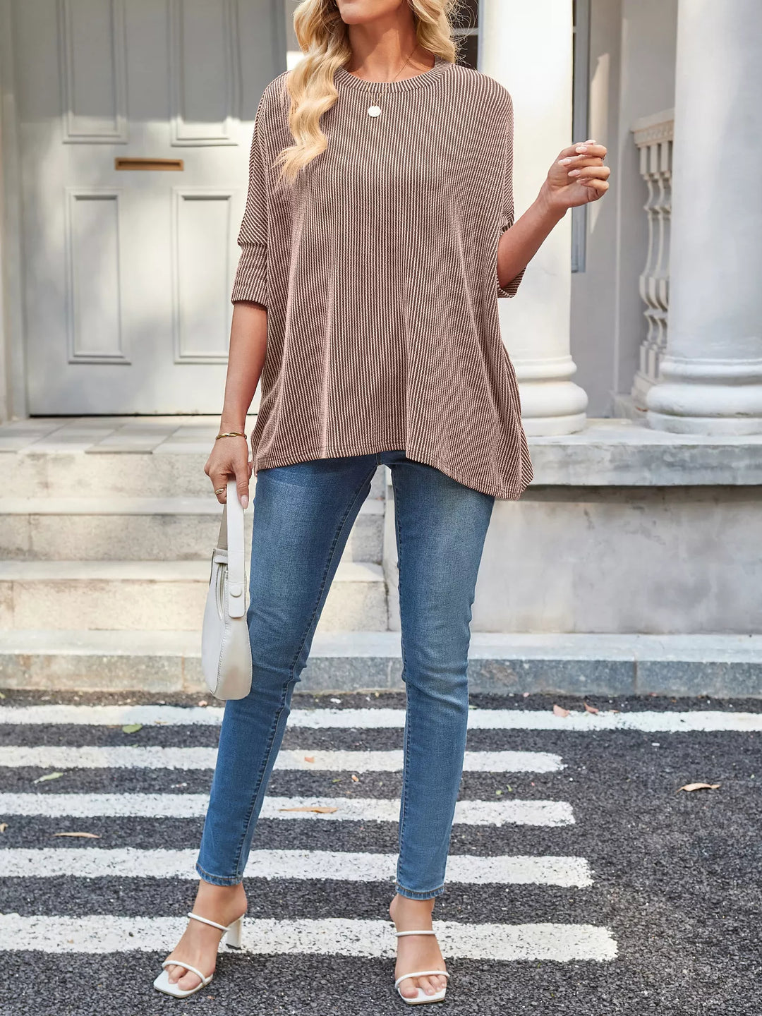 Ribbed knit dolman-sleeve relaxed crew neck top
