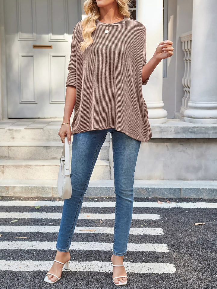 Ribbed knit dolman-sleeve relaxed crew neck top