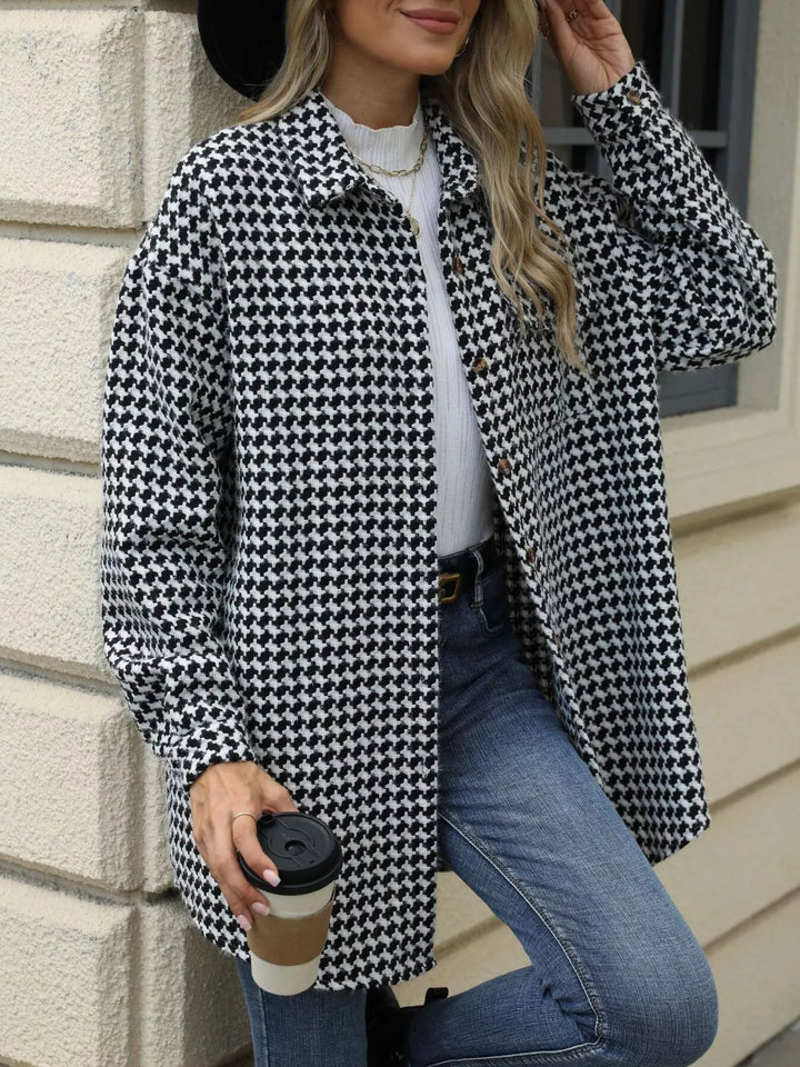Houndstooth button-up shacket coat with chest pocket