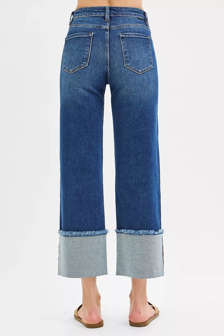 Mid-rise wide-leg crop jeans with raw-hem cuff