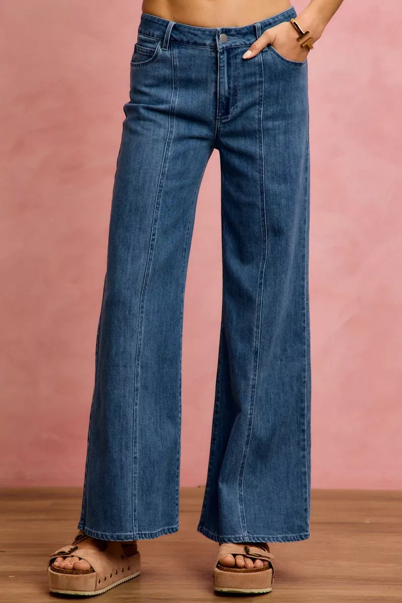 Mid-rise wide-leg jeans with front center seam