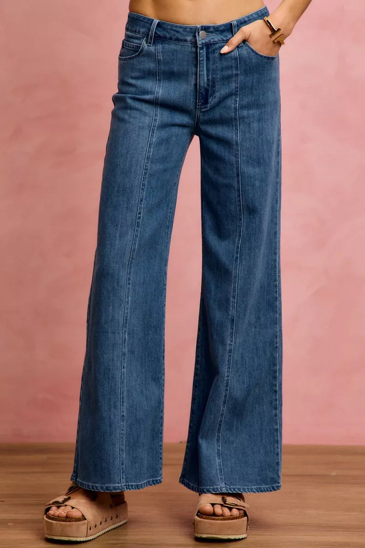 Mid-rise wide-leg jeans with front center seam