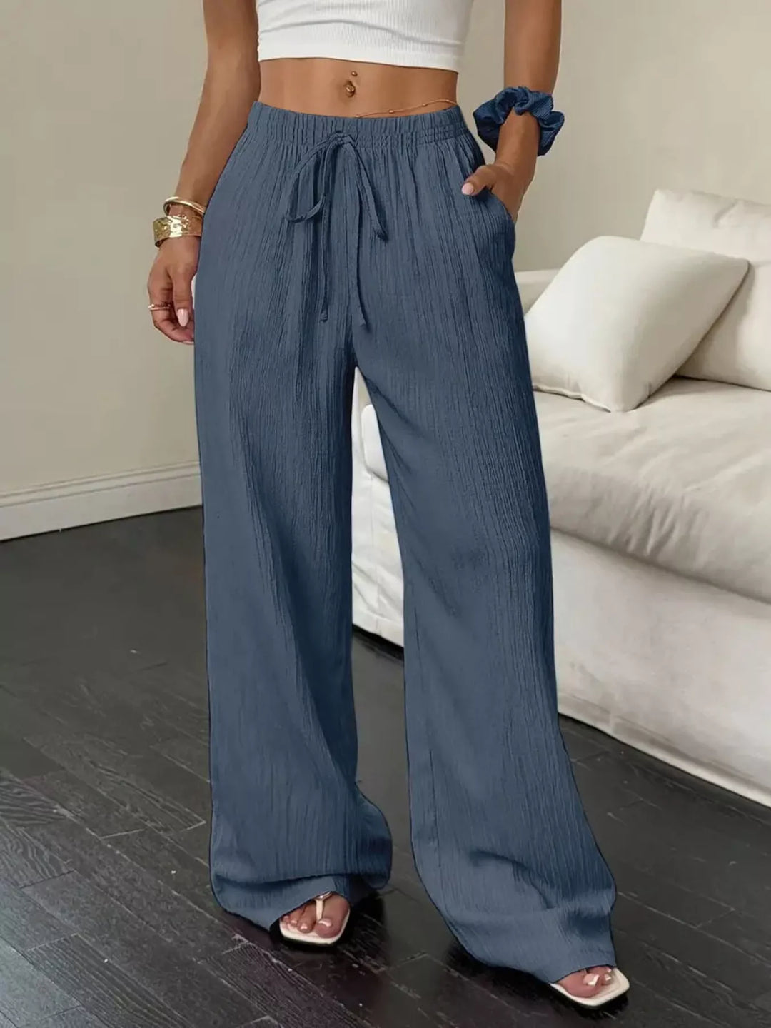 Navy Blue Crinkle cotton wide-leg drawstring pants with side pockets