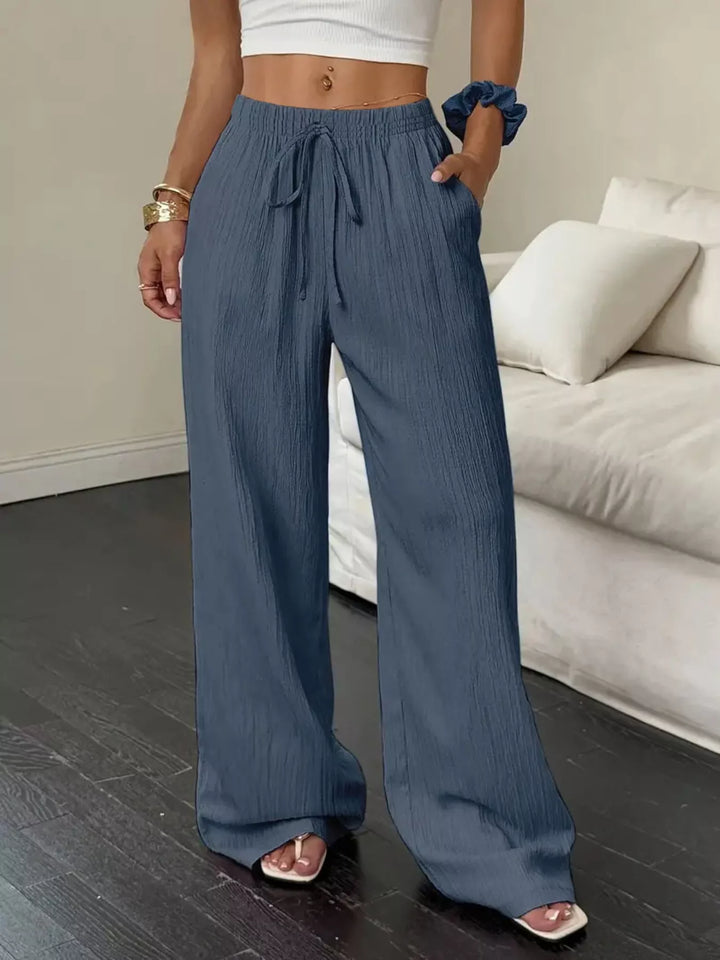 Navy Blue Crinkle cotton wide-leg drawstring pants with side pockets